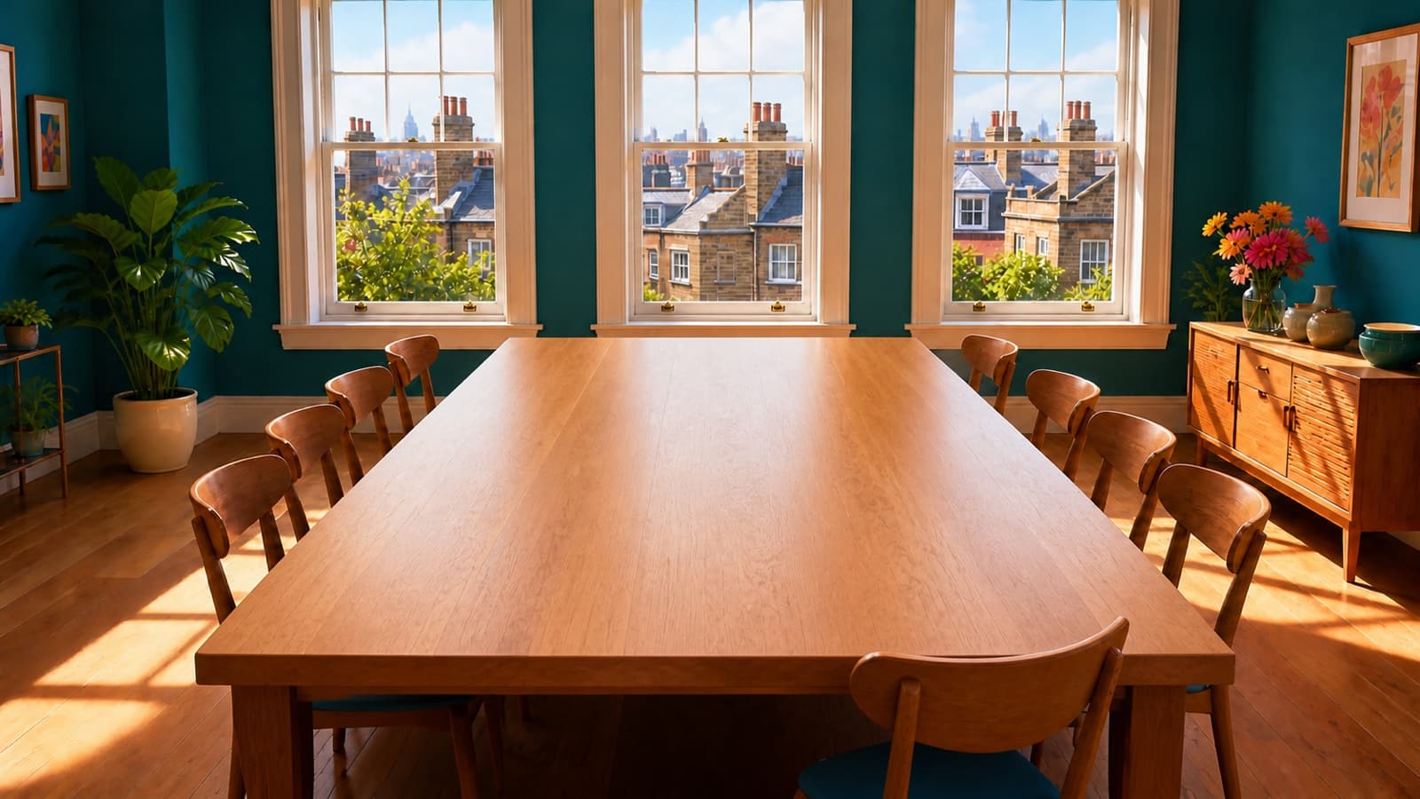 A long wooden dining table in Vahi’s bright London flat